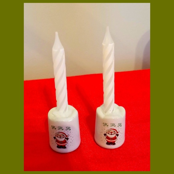 🎄Vintage 80s Christmas HO HO HO Santa Ceramic Mini Candle Holders set of 2❤️💚 - Picture 1 of 5